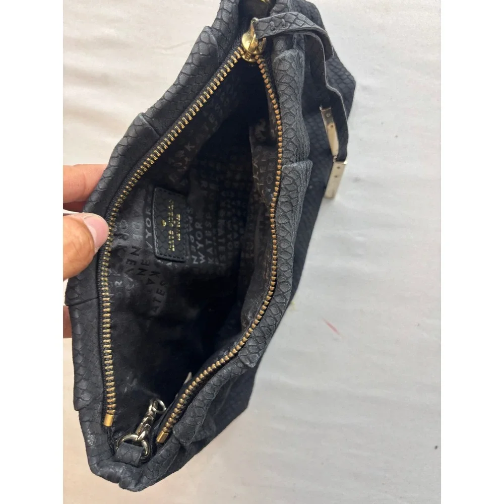 Kate Spade New York Black Snakeskin Embossed Leather Pleated Zip Clutch Bag
